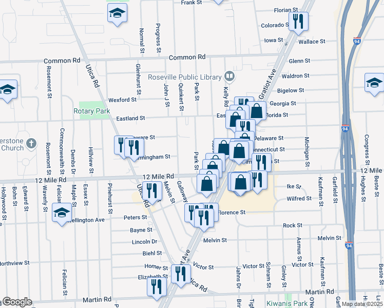 map of restaurants, bars, coffee shops, grocery stores, and more near 29248 Galloway Street in Roseville