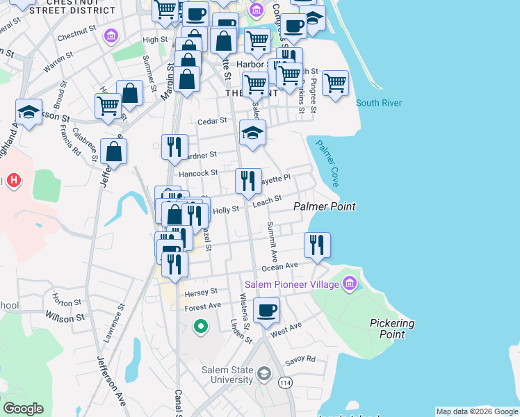 map of restaurants, bars, coffee shops, grocery stores, and more near 235 Lafayette Street in Salem