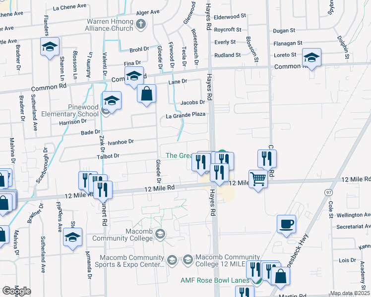 map of restaurants, bars, coffee shops, grocery stores, and more near 15058 Eldorado Terrace in Warren