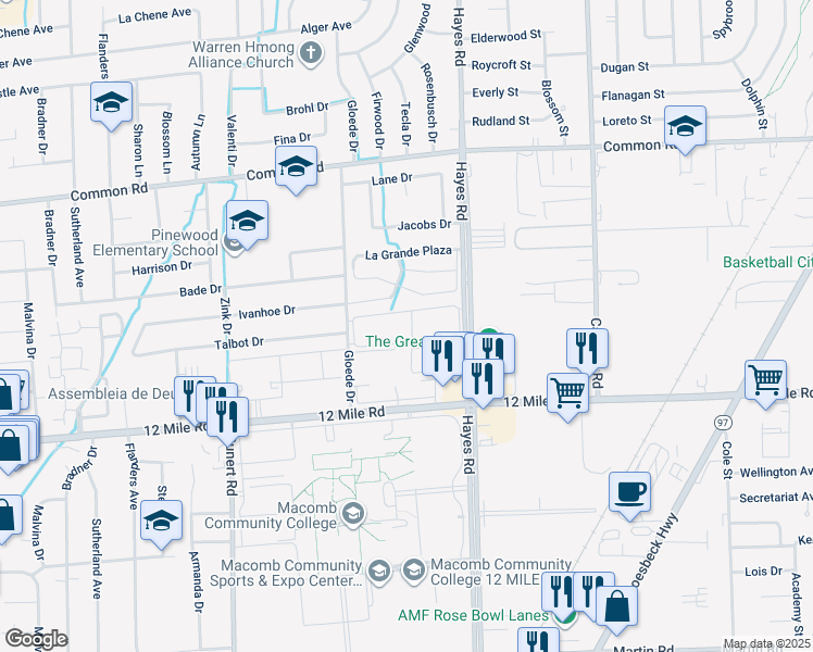 map of restaurants, bars, coffee shops, grocery stores, and more near 15058 Eldorado Terrace in Warren