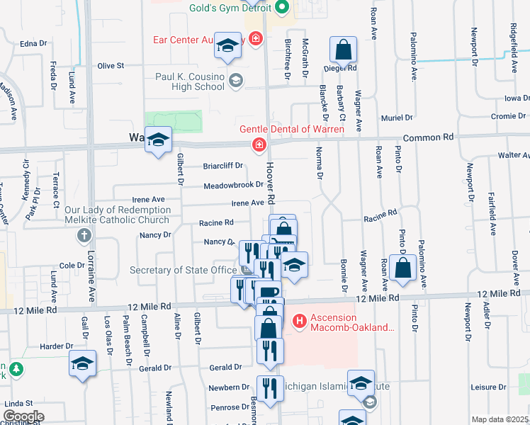 map of restaurants, bars, coffee shops, grocery stores, and more near 29640 Hoover Road in Warren