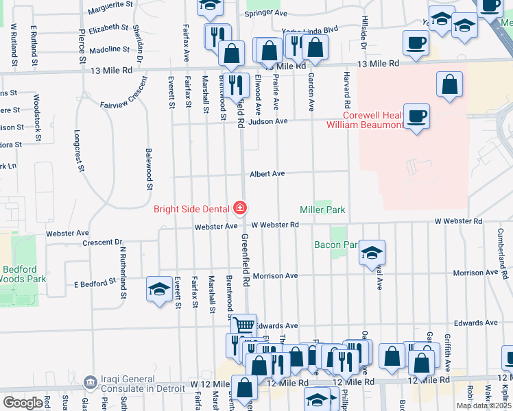 map of restaurants, bars, coffee shops, grocery stores, and more near 3107 Prairie Avenue in Royal Oak