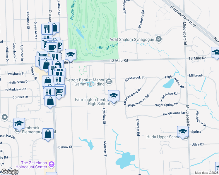 map of restaurants, bars, coffee shops, grocery stores, and more near 30245 West 13 Mile Road in Farmington Hills