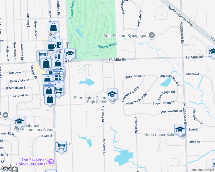 map of restaurants, bars, coffee shops, grocery stores, and more near 30245 West 13 Mile Road in Farmington Hills