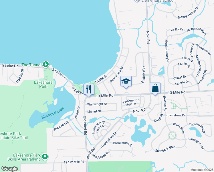 map of restaurants, bars, coffee shops, grocery stores, and more near 1728 Paramount Street in Novi