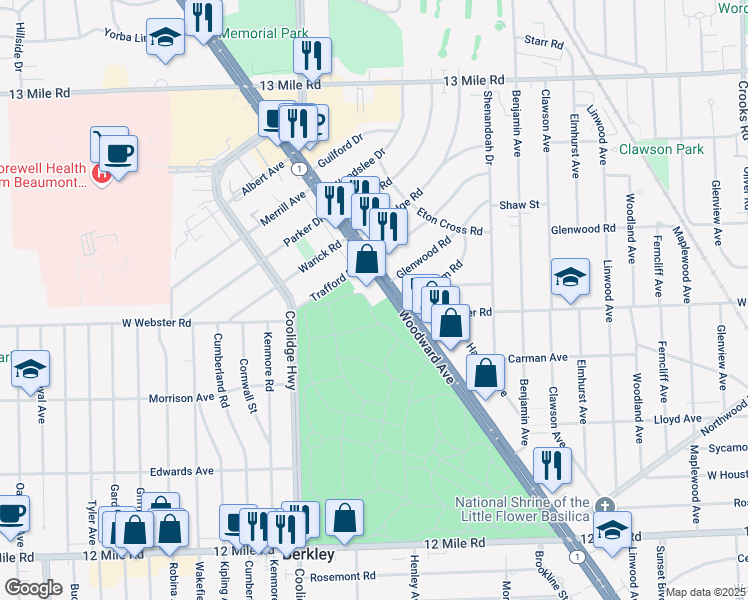 map of restaurants, bars, coffee shops, grocery stores, and more near 30211 Woodward Avenue in Royal Oak