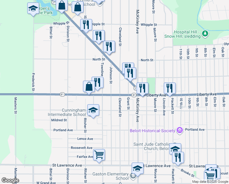 map of restaurants, bars, coffee shops, grocery stores, and more near 1715 Liberty Avenue in Beloit