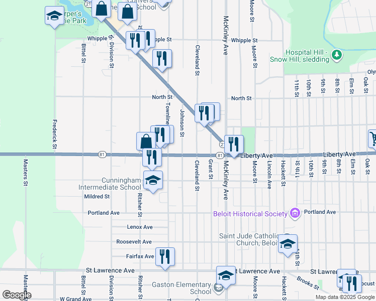 map of restaurants, bars, coffee shops, grocery stores, and more near 1715 Liberty Avenue in Beloit