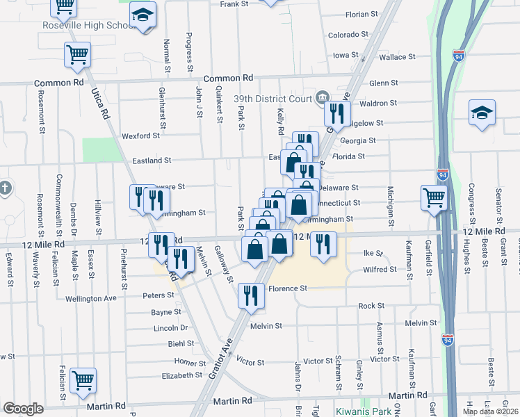 map of restaurants, bars, coffee shops, grocery stores, and more near 29170 Park Street in Roseville