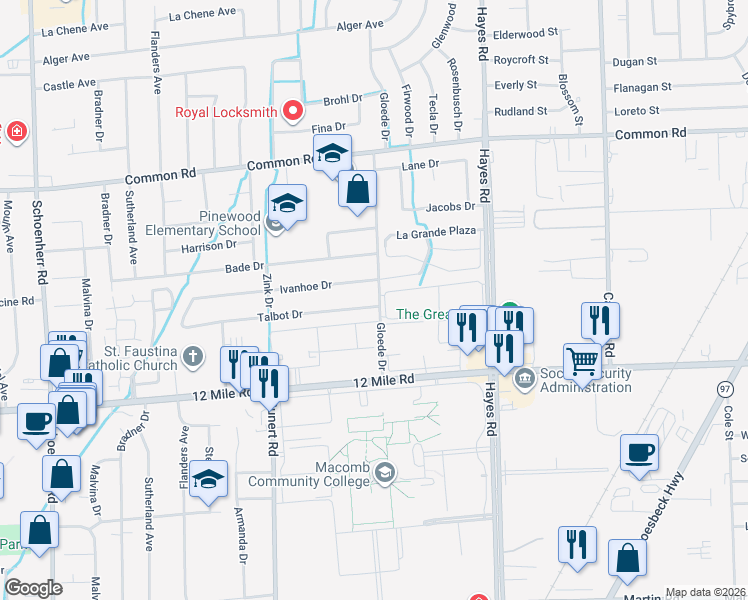 map of restaurants, bars, coffee shops, grocery stores, and more near 14720 Ivanhoe Drive in Warren