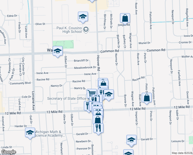 map of restaurants, bars, coffee shops, grocery stores, and more near 29640 Hoover Road in Warren