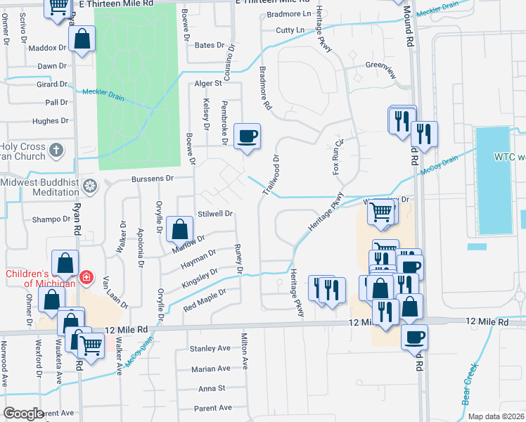 map of restaurants, bars, coffee shops, grocery stores, and more near 29663 Trailwood Drive in Warren