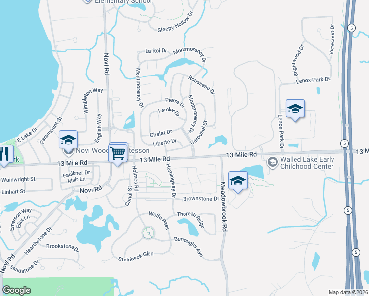 map of restaurants, bars, coffee shops, grocery stores, and more near 29601-29649 Le Grand Boulevard in Novi
