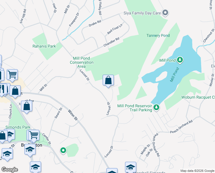 map of restaurants, bars, coffee shops, grocery stores, and more near 15 Makechnie Road in Burlington