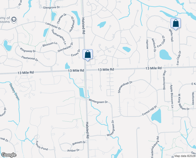 map of restaurants, bars, coffee shops, grocery stores, and more near 29442 Chelsea Crossing in Farmington Hills