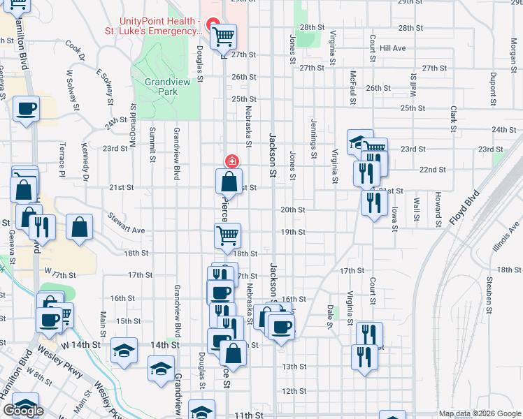 map of restaurants, bars, coffee shops, grocery stores, and more near 2000 1/2 Nebraska Street in Sioux City