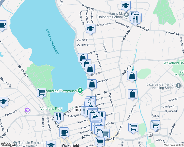 map of restaurants, bars, coffee shops, grocery stores, and more near 8 White Avenue in Wakefield