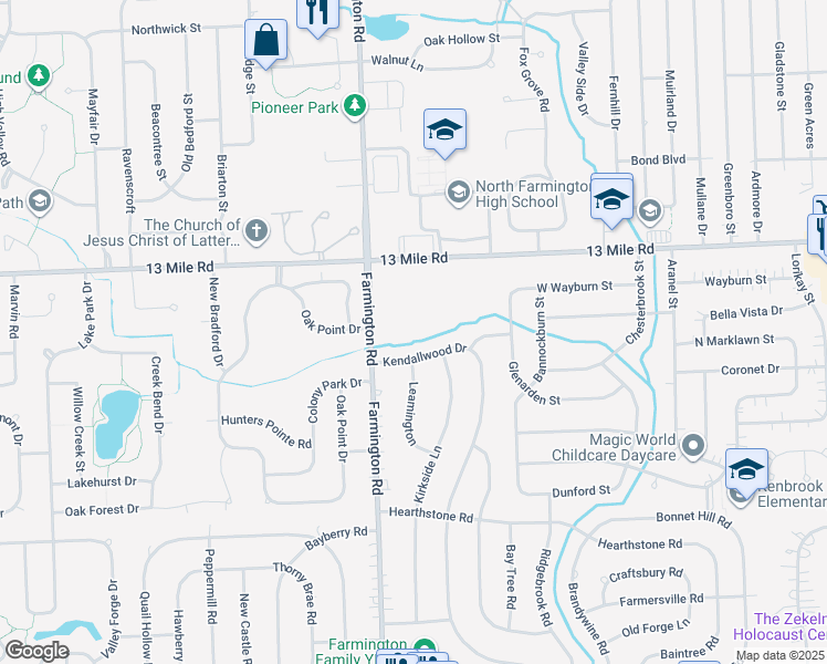 map of restaurants, bars, coffee shops, grocery stores, and more near 29150 Farmington Road in Farmington Hills