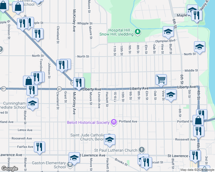 map of restaurants, bars, coffee shops, grocery stores, and more near 1199 Hackett Street in Beloit