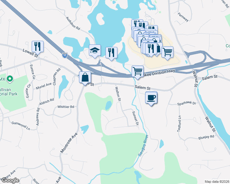 map of restaurants, bars, coffee shops, grocery stores, and more near 538 Salem Street in Wakefield