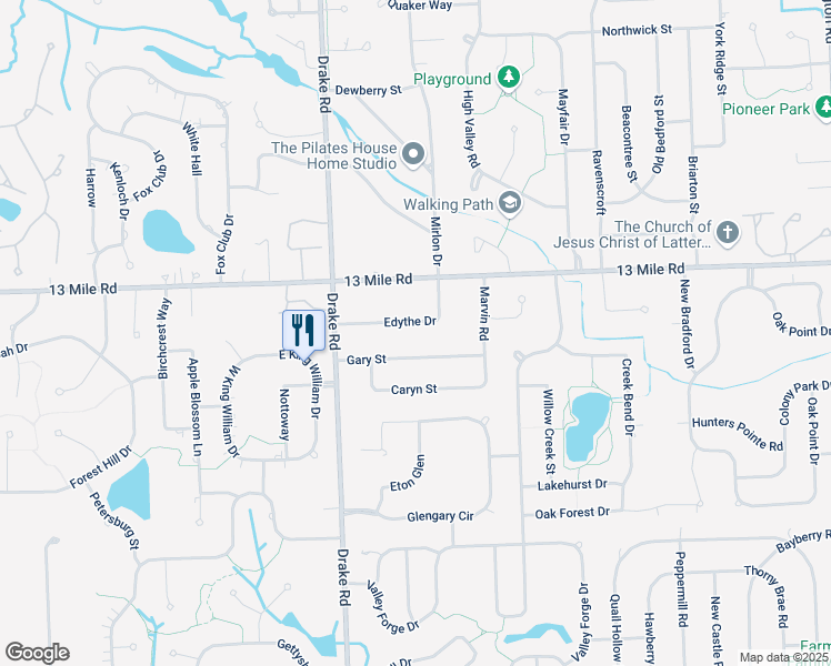 map of restaurants, bars, coffee shops, grocery stores, and more near 35319 Edythe Drive in Farmington Hills