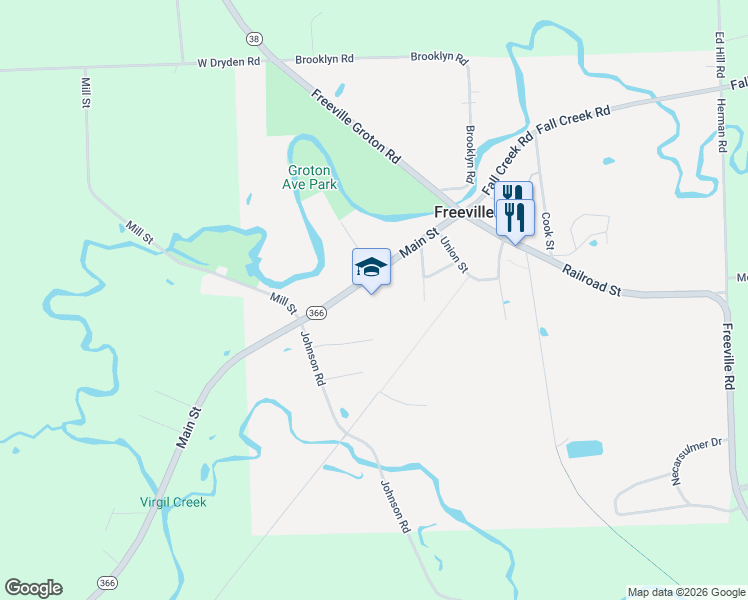 map of restaurants, bars, coffee shops, grocery stores, and more near 43 Main Street in Freeville