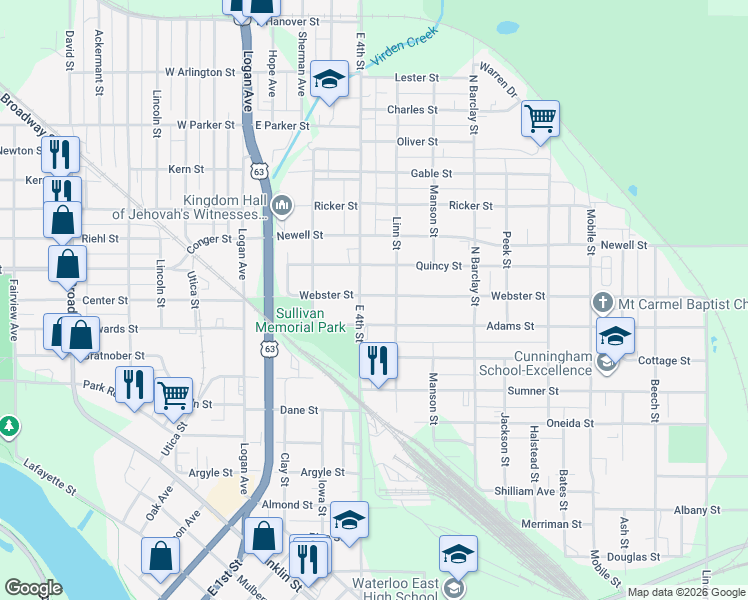 map of restaurants, bars, coffee shops, grocery stores, and more near 1500 East 4th Street in Waterloo