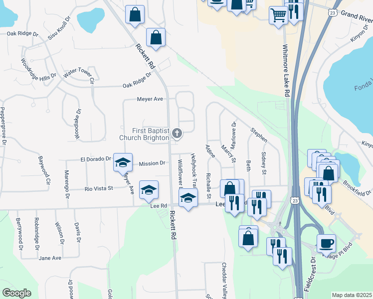 map of restaurants, bars, coffee shops, grocery stores, and more near 6365 Hollyhock Trail in Brighton