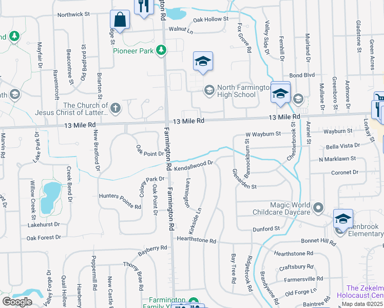 map of restaurants, bars, coffee shops, grocery stores, and more near 29150 Farmington Road in Farmington Hills