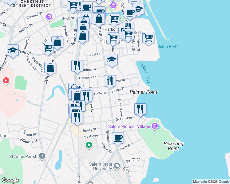 map of restaurants, bars, coffee shops, grocery stores, and more near 235 Lafayette Street in Salem