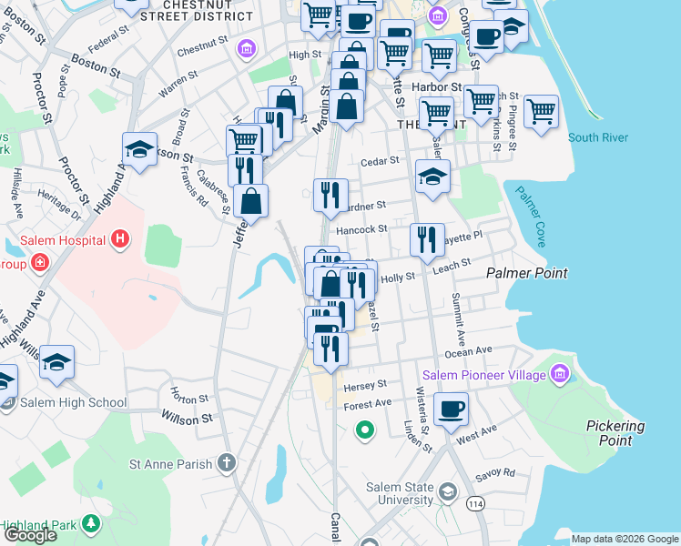 map of restaurants, bars, coffee shops, grocery stores, and more near 46 Roslyn Street in Salem