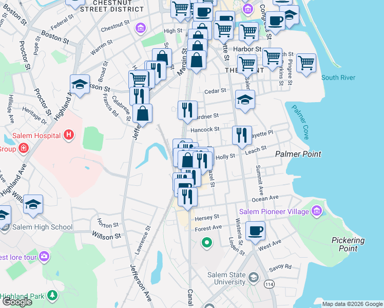 map of restaurants, bars, coffee shops, grocery stores, and more near 46 Roslyn Street in Salem