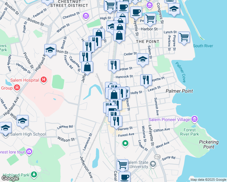 map of restaurants, bars, coffee shops, grocery stores, and more near 46 Roslyn Street in Salem