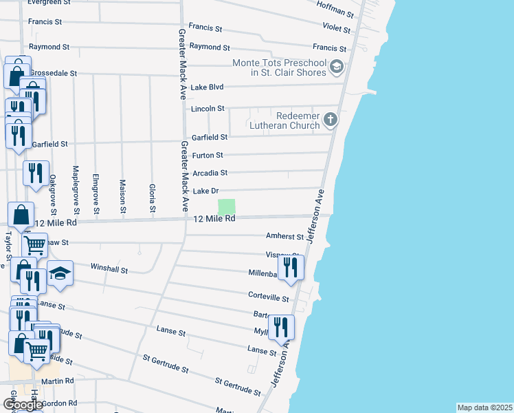 map of restaurants, bars, coffee shops, grocery stores, and more near 22628 Lake Drive in St. Clair Shores