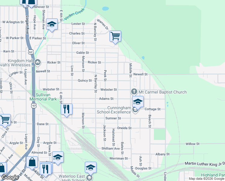 map of restaurants, bars, coffee shops, grocery stores, and more near 601-699 Webster Street in Waterloo