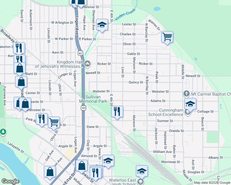map of restaurants, bars, coffee shops, grocery stores, and more near 1500 East 4th Street in Waterloo