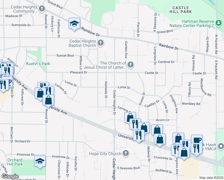 map of restaurants, bars, coffee shops, grocery stores, and more near 2801-2899 Loma Street in Cedar Falls