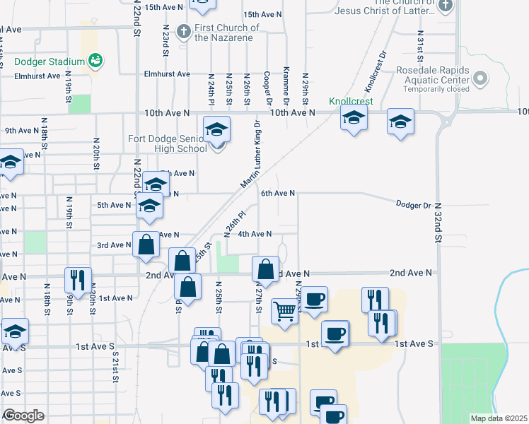 map of restaurants, bars, coffee shops, grocery stores, and more near 440 North 27th Street in Fort Dodge
