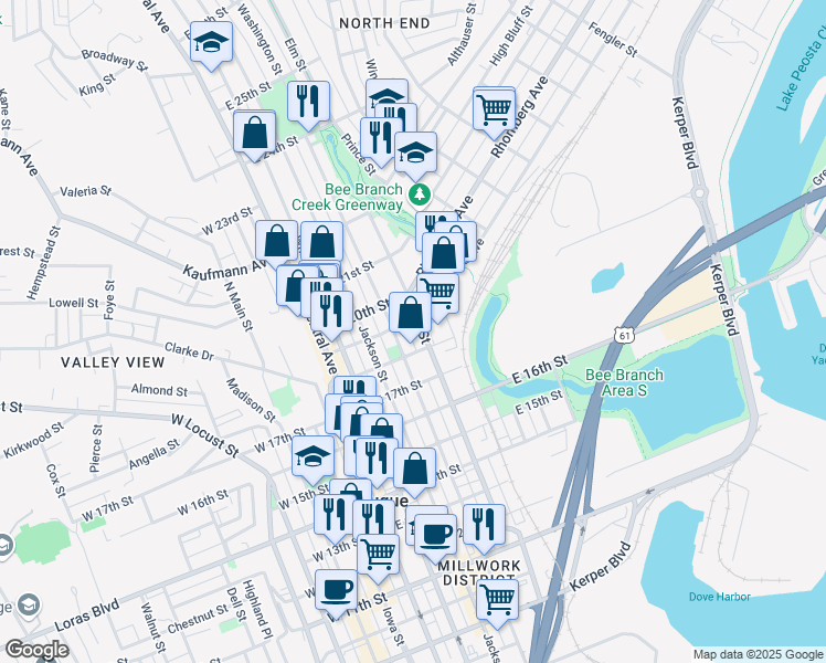 map of restaurants, bars, coffee shops, grocery stores, and more near 1887 Elm Street in Dubuque