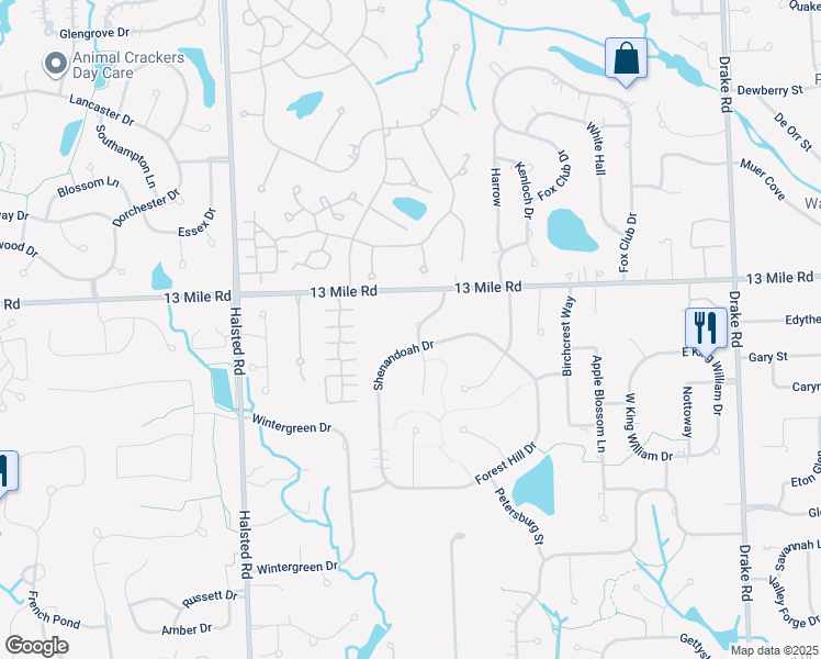 map of restaurants, bars, coffee shops, grocery stores, and more near 29405 Arlington Way in Farmington Hills
