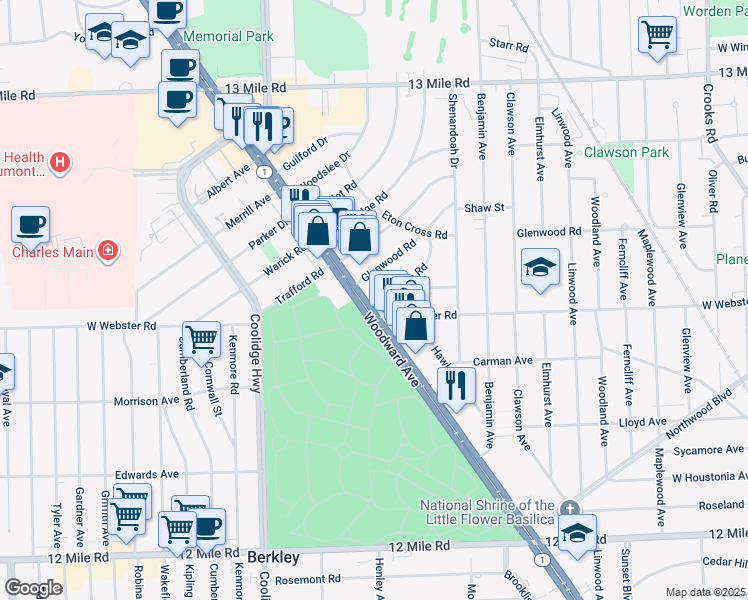 map of restaurants, bars, coffee shops, grocery stores, and more near 30156 Michigan 1 in Royal Oak