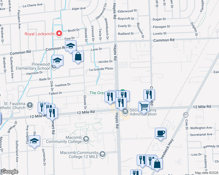 map of restaurants, bars, coffee shops, grocery stores, and more near 29133 Hayes Road in Warren