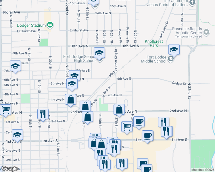 map of restaurants, bars, coffee shops, grocery stores, and more near 438 North 26th Place in Fort Dodge