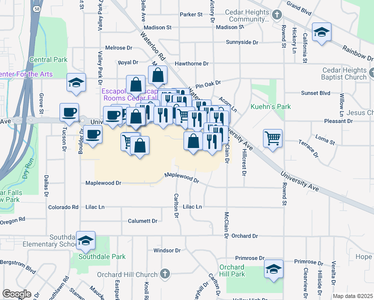 map of restaurants, bars, coffee shops, grocery stores, and more near 5911 University Avenue in Cedar Falls