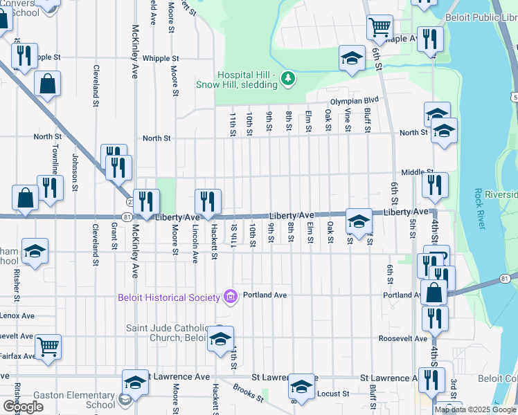 map of restaurants, bars, coffee shops, grocery stores, and more near 825 Liberty Avenue in Beloit