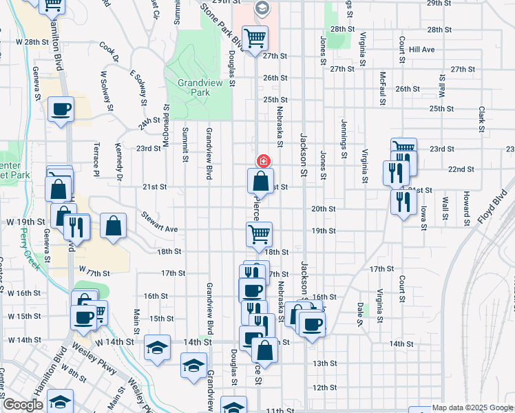 map of restaurants, bars, coffee shops, grocery stores, and more near 2009 Pierce Street in Sioux City
