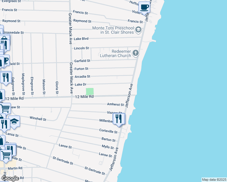map of restaurants, bars, coffee shops, grocery stores, and more near 22809 Twelve Mile Road in St. Clair Shores