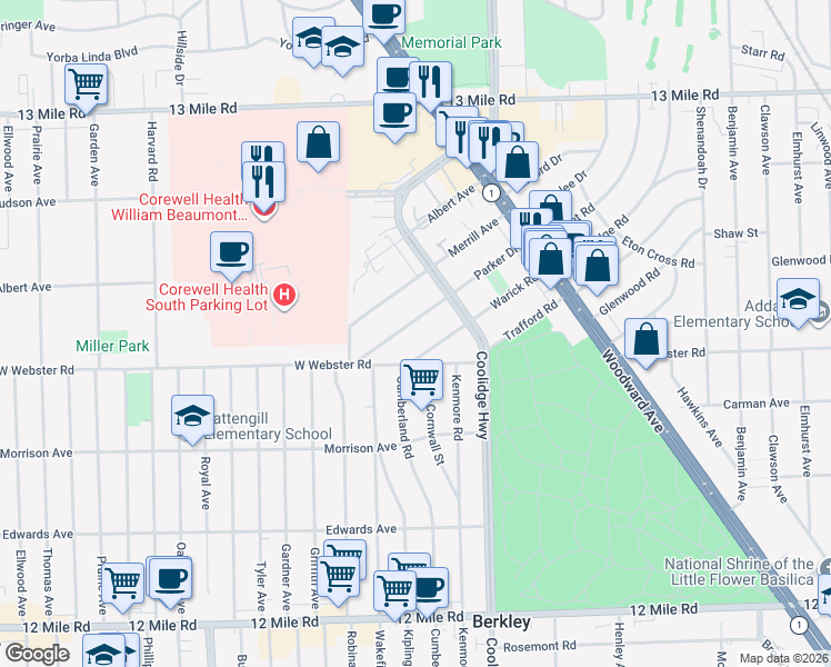 map of restaurants, bars, coffee shops, grocery stores, and more near 3245 Parker Drive in Royal Oak