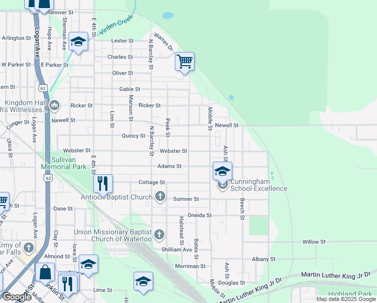 map of restaurants, bars, coffee shops, grocery stores, and more near 699 Webster St in Waterloo