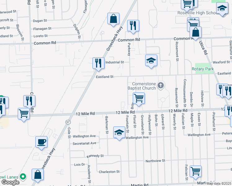 map of restaurants, bars, coffee shops, grocery stores, and more near 29326 Cedarwood Street in Roseville